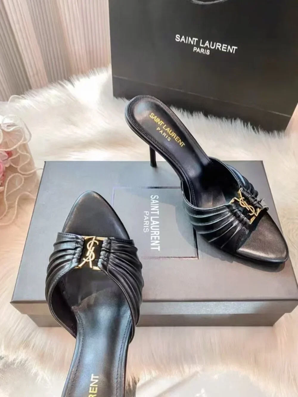 Saint Laurent YSL Black Ruched Leather Stiletto Mule Slides